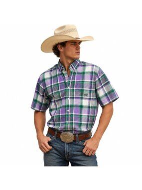 Cinch Men's Plaid Short Sleeve Shirt Size M Cotton Purple & Green Western Cowboy
